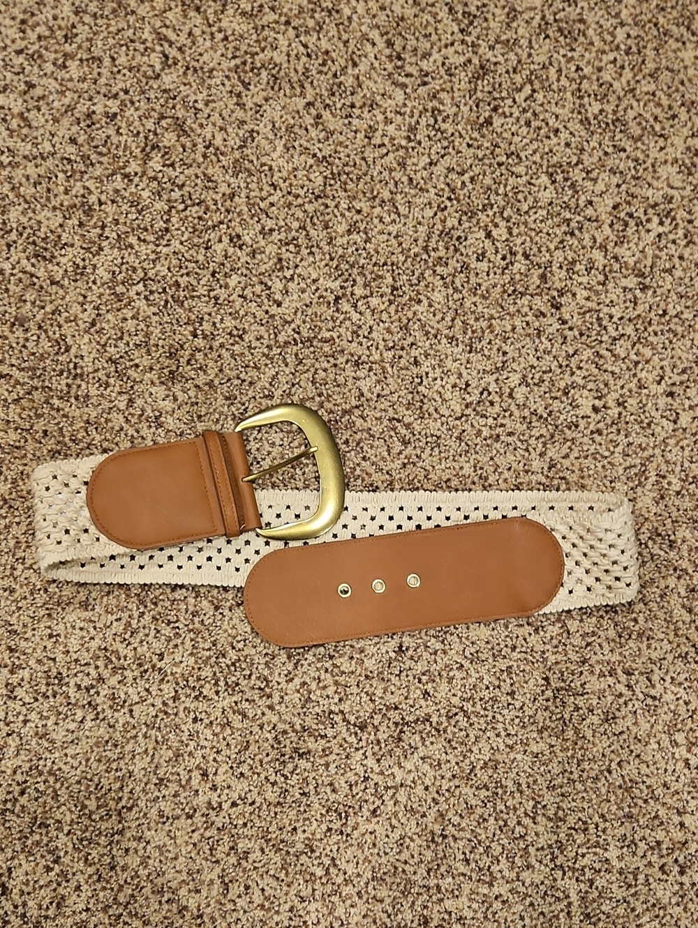 Casual Woven Ivory and Tan Women's Thick Belt with Brass Buckle